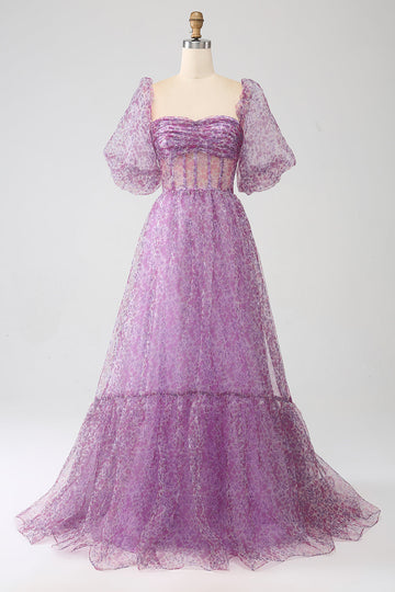 A-Line Scollo quadrato viola Corsetto Prom Dress con mezze maniche